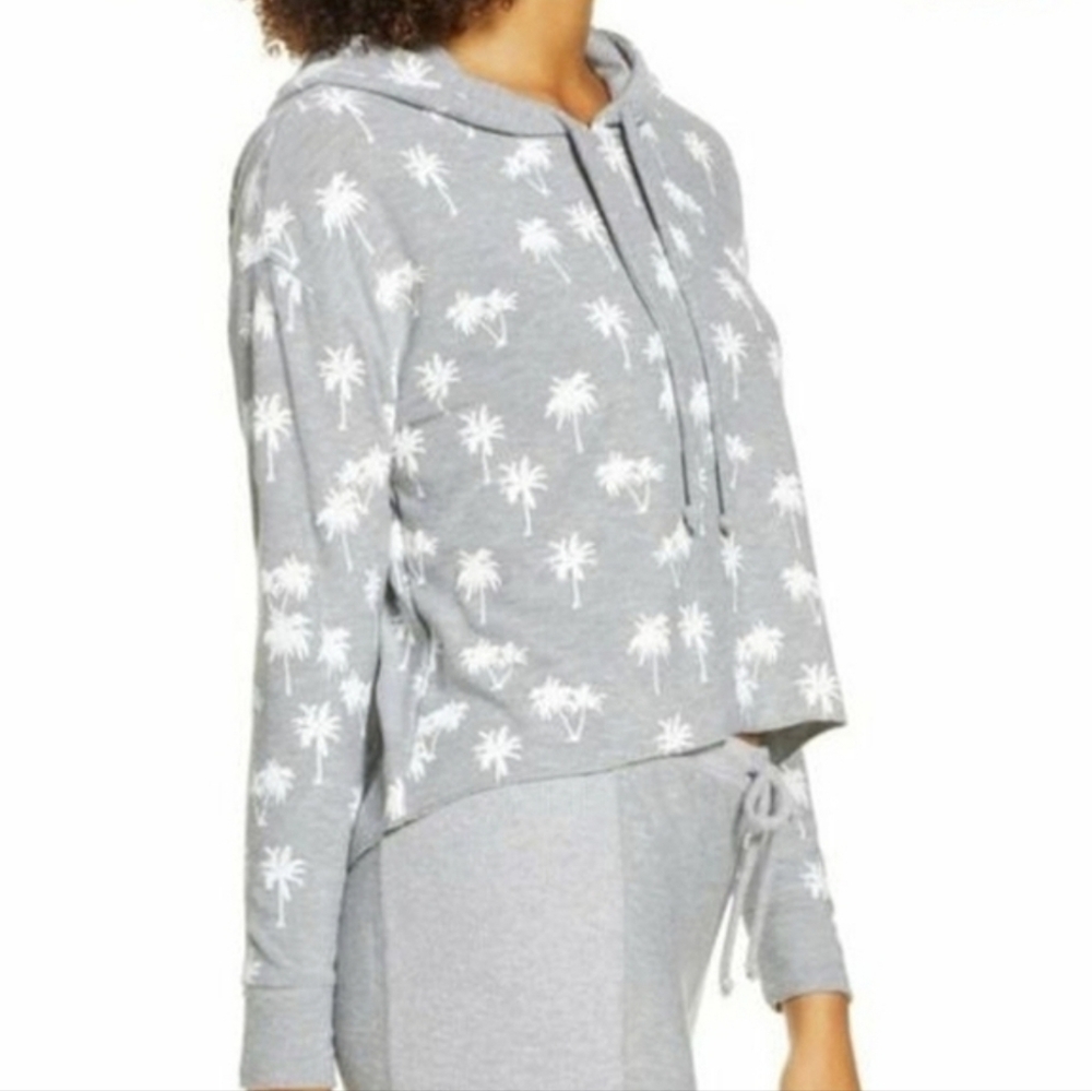 Chaser Women's Gray Palm Tree Print Cropped Hoodie, Size S ~ EUC